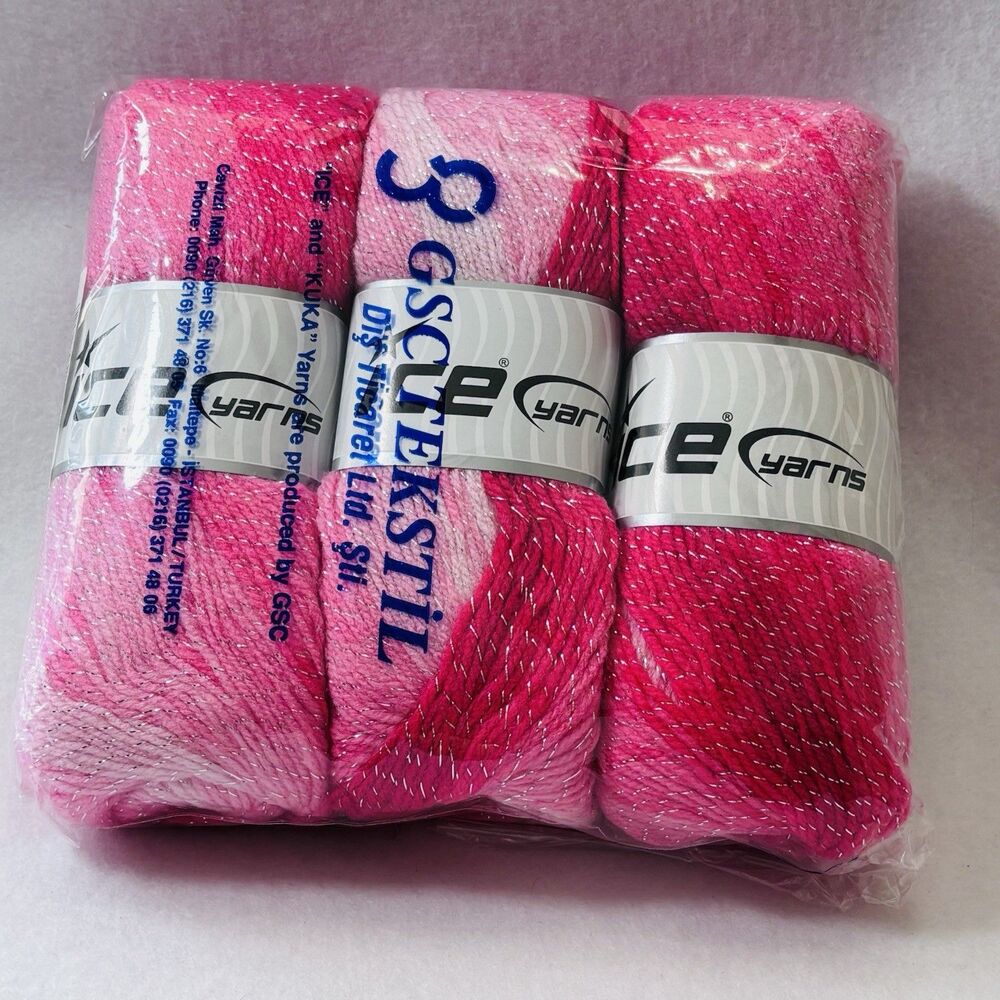 3 Skeins 100 gr ICE YARN Magic Glitz 22053 Pink Shades And Silver Metallic